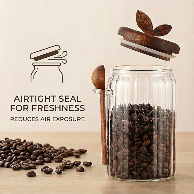 Glass Coffee Canister with Wooden Lid & Spoon, Airtight Food Storage Jar for Coffee, Sugar, Salt, Tea & Snacks (27floz)