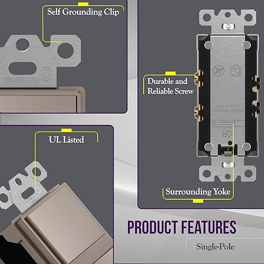 ENERLITES Double Paddle Rocker Decorator Switch, Ground Terminal, Clamp-Type Back Insert Wiring, Copper Wires Only, Single Pole, Residential/Commercial Grade, 15A 120-277VAC, 62834-NK, Nickel
