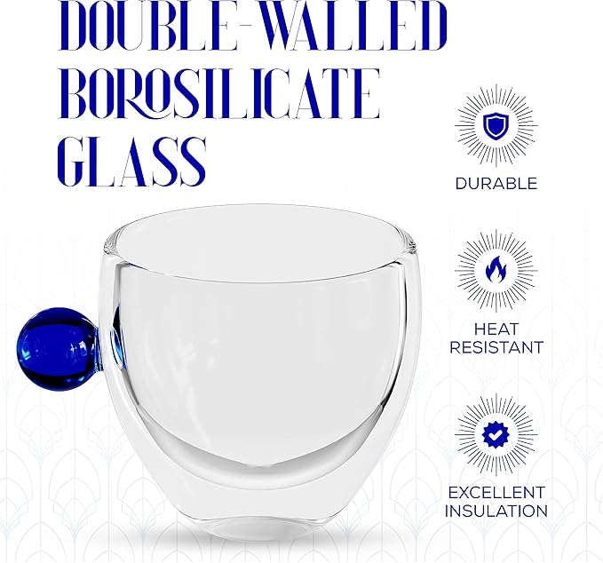 Elle Decor Double Wall Glass Coffee Mugs | Set of 2 | 9-Oz Wide Mouth Glass Coffee Mugs for Home, Office, Bar, or Gift | Modern, Insulated, Reusable Latte Mugs (Blue)