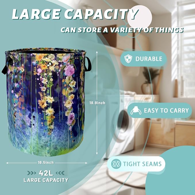 Beautiful Blue Green Floral Laundry Basket Foldable With Handles Tote Bag Oxford Cloth Colorful Laundry Hamper Clothes Storage Bucket Toy Organizer 18.9"x16.5" For Bathroom/Laundry/Bedroom