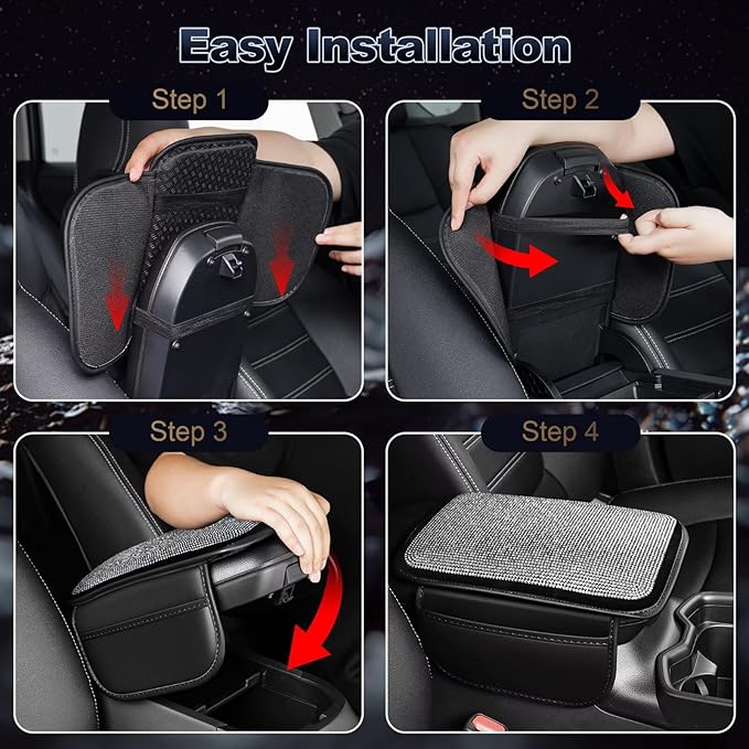 YORKNEIC Bling Center Console Cover Fit for Ford Edge: Armrest Cover with 2 Storage Pockets, Crystal Rhinestone Car Arm Rest Cover Pad Design for Protection(Silver Diamond)