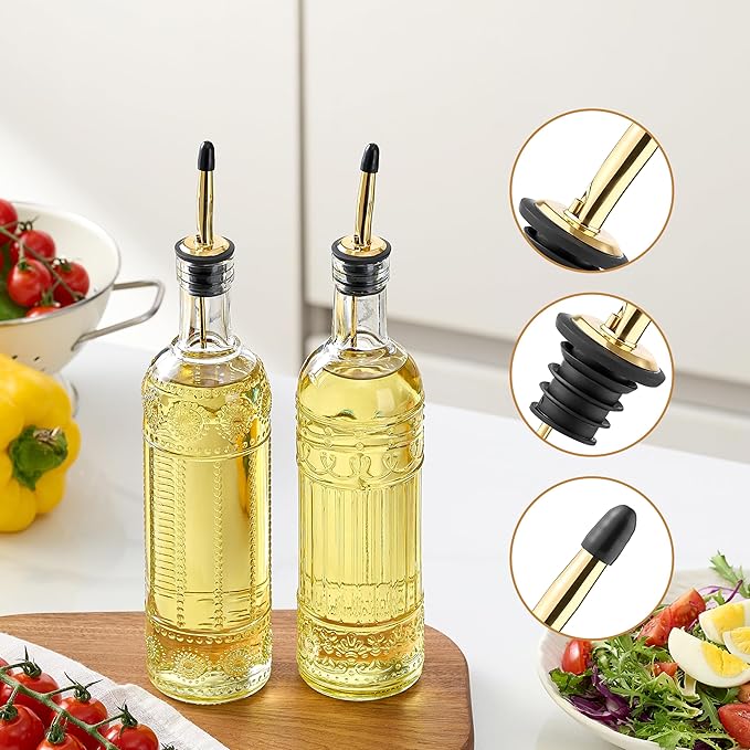 4 Pcs Olive Oil Dispenser Bottle for Kitchen,17oz Clear Glass Oil and Vinegar Dispenser Bottle Set, Classic Coffee Syrup Dispenser with 4 Stainless Steel Spouts and 1 Funnel (Round)