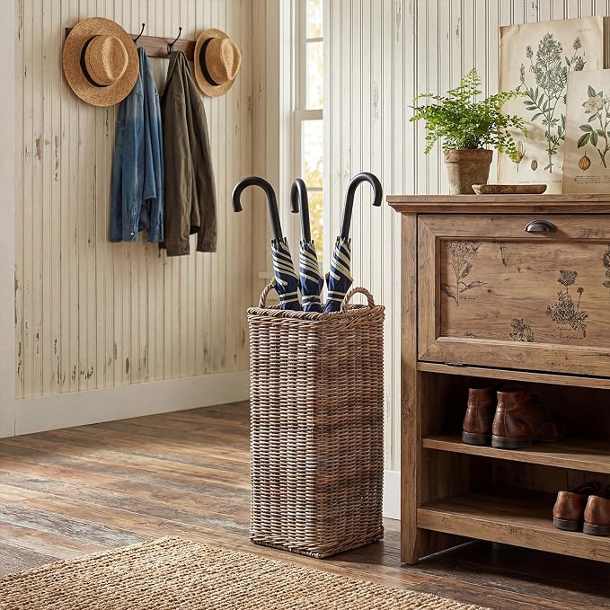 GlikCeil Rattan Umbrella Holder for Entryway 20.5h x 9l x 9w Inch Square Umbrella Stand with Plastic Water Catch, Umbrellas Basket Bucket Fit Walking Cane Tall Umbrellas Storage for Home Office