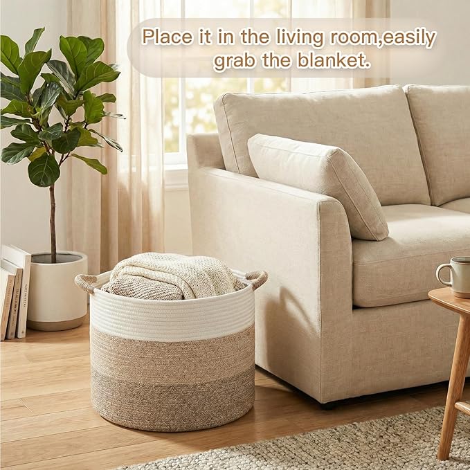 Artfeel 70L Large Cotton Rope Basket, Decorative Woven Blanket Storage for Living Room, Boho Toy Storage & Toy Box for Kids, Versatile Laundry Basket & Nursery Hamper for Blankets(BrownYellow)