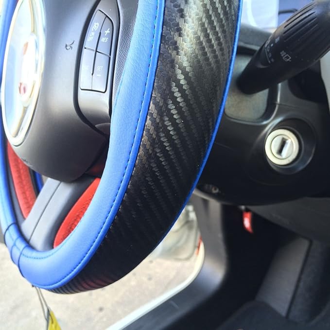 Jdragon Blue & Carbon Fiber Style PVC Leather Slip-On Steering Wheel Cover 14.25-15" Diameter