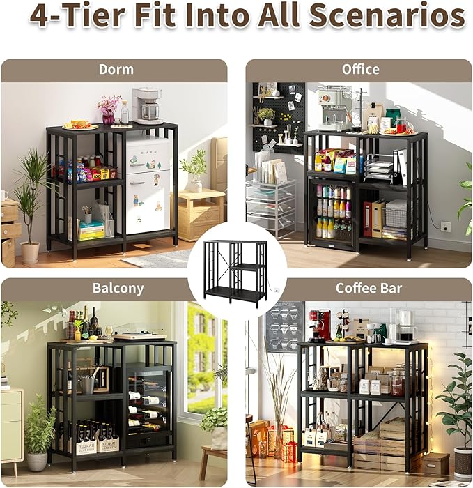 Adjustable Kitchen Bakers Rack with Power Outlet,4-Tier Microwave Stand Kitchen Cart,Mini Fridge Stand with Storage,Bar Cabinet,Suitable for Office,Coffee Bar,Living Room,Patio, Black