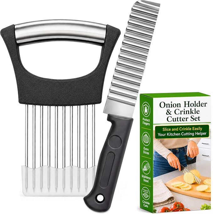 Onion Holder for Slicing & Crinkle Cutter Knife, 2 Piece Kitchen Prep Tool Set, Stainless Steel Onion Slicer Prongs, Wavy Knife, Potato Cutter for Fries, Tomato, Cucumber, Carrot