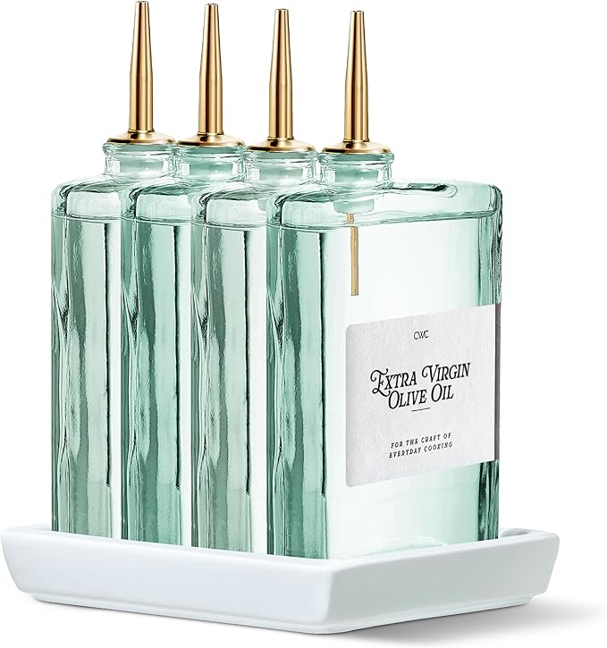 COOK WITH COLOR Olive Oil Dispenser Bottle - 4 Pk Glass Oil Dispenser for Kitchen - Condiment, Coffee Syrup & Vinegar Dispenser, Olive Oil Cruet, Includes 8 Auto Pourer Spouts