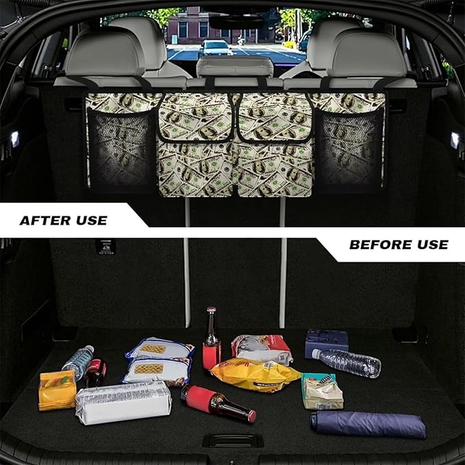 Car Trunk Organizer, US Dollar Bill Large Auto Backseat Hanging Organizer, Thick Backseat Storage Bag with Pockets, Car Trunk Tidy Storage Bag with Lids Decoration