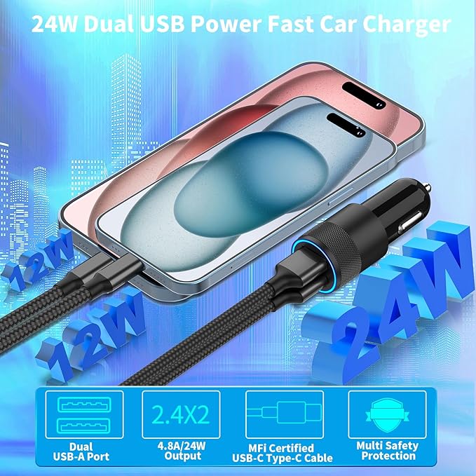 [Apple MFi Certified] iPhone 17 Car Charger Fast Charging, Braveridge 2Pack 4.8A USB Power Cigarette Lighter USB-C Car Charger + Type-C Braided Cord for iPhone 17/17 Pro Max/16/15/Galaxy/S26/S25/Pixel