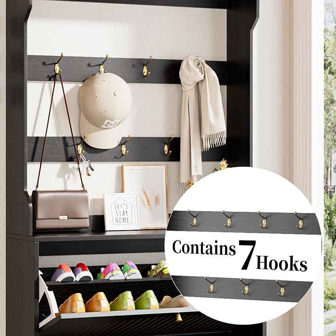 Fsbecl Shoe Cabinet for Entryway with 2 Flip Drawers & Coat Rack, Narrow Hidden Shoe Storage Cabinet with Fluted Panel, 2-in-1 Hall Tree Slim Freestanding Shoe Rack Organizer for Hallway, Black