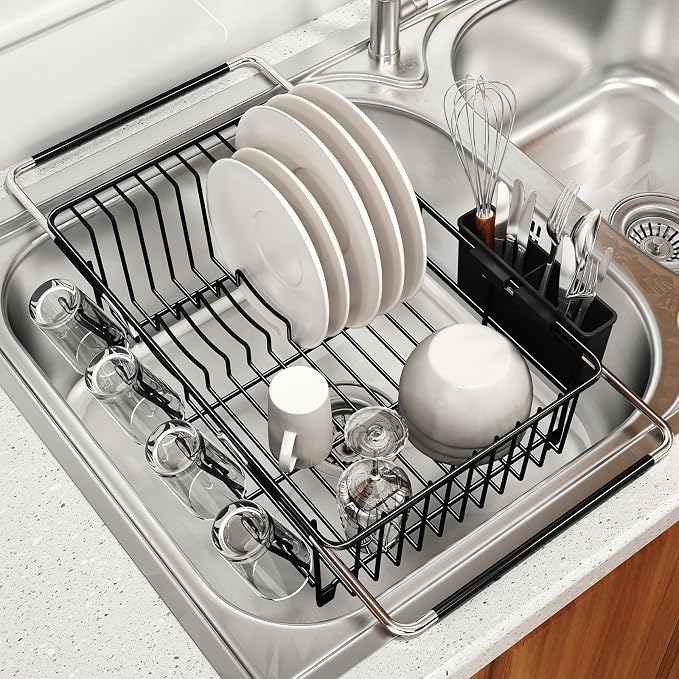 MAJALiS Dish Drying Rack Over The Sink with Utensil Holder | Expandable Stainless Steel Dish Drainer for Small Kitchen, Apartment, RV, Counter Space Saving, Perfect Fit, Rustproof