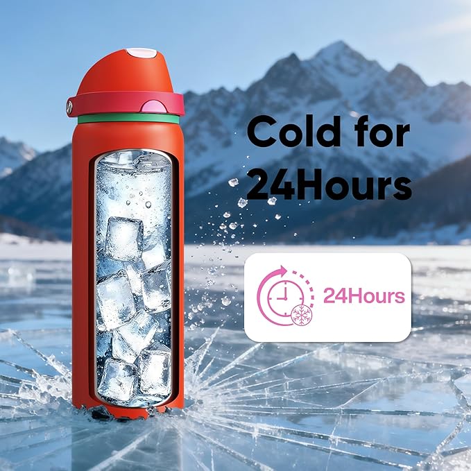 Insulated Water Bottle with Straw - Encool Stainless Steel Water Bottle with Push Button Lid, Leak-Proof & BPA-Free, Keeps Cold for 24 Hours for Sports, Travel, Gym (32 oz, Grapefruit Red)