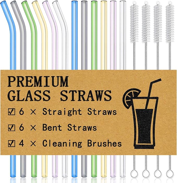 Piteno® 16-Pack Reusable Glass Drinking Straws, 10''x10MM, Set of 6 Straight and 6 Bent with 4 Cleaning Brushes, Perfect for Smoothies, Milkshakes, Juice, Tea (Rainbow)