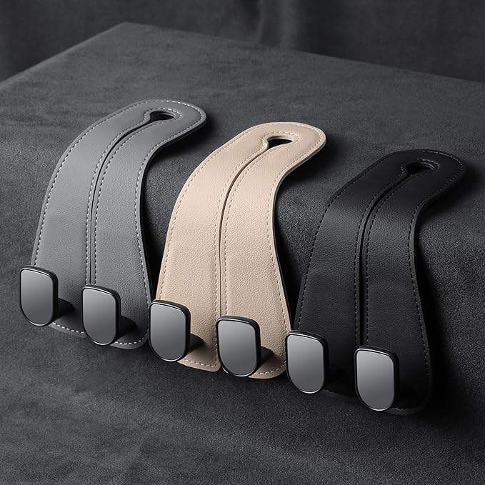 2 Pack KAFANLIN Car Headrest Hooks for Purses and Bags Cute Leather Car Seat Back Head Rest Double Hooks for Bags Cute Pink Beige Car Accessories Headrest Back Seat Handbags Hook (Beige 2 Pack)