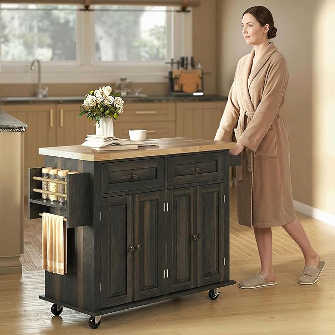 HOMCOM Kitchen Island Cart with Rubber Wood Top, Rolling Kitchen Island Table on Wheels with Drawers, Adjustable Shelves, Spice Rack and Towel Rack for Dining Room, Brown Oak