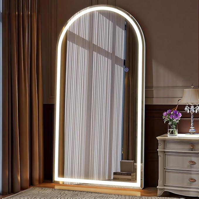 VooBang 71"x32" LED Large Mirror Full Length - Arched Floor Body Mirror with Dimmable Lights - 3 Color Modes, Standing Leaning Wall Mounted for Bedroom, Dressing Room