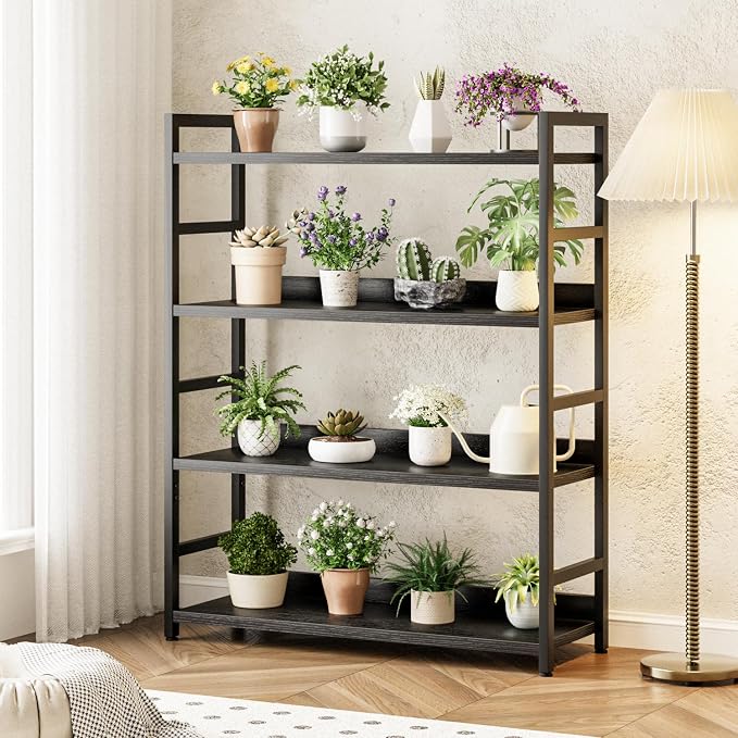 NUMENN 4 Tier Wide Bookshelf for Living Room and Home Office, Black | Bookshelves, Home Office Bookcase Shelf Storage Organizer, Free Standing Storage Shelving Unit for Bedroom