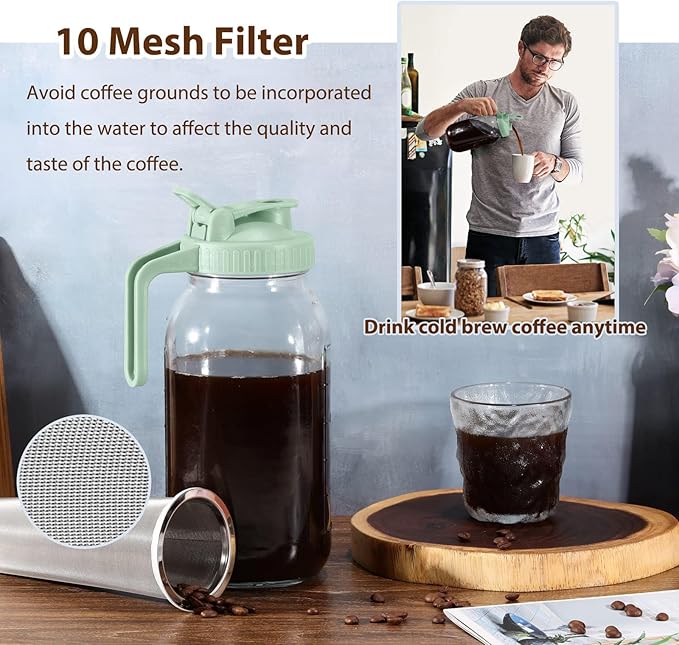 Cold Brew Coffee Maker Pitcher, Green 64 Oz Heavy Duty Wide Mouth Glass Mason Jar pour spout Lid with Stainless Steel Filter for Iced Coffee, Ice Drinks
