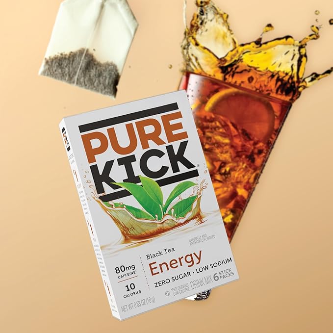 PURE KICK Energy Singles To Go Drink Mix, Black Tea, Includes 12 Boxes with 6 Packets in each Box, 72 Total Packets