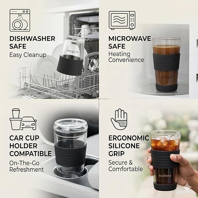 16oz Double Wall All Glass Tumbler with Lid, Glass Travel Mug, Dishwasher Safe & Microwavable Clear Coffee Tumbler To Go, Reusable Ceramic Cup with Lid, Black