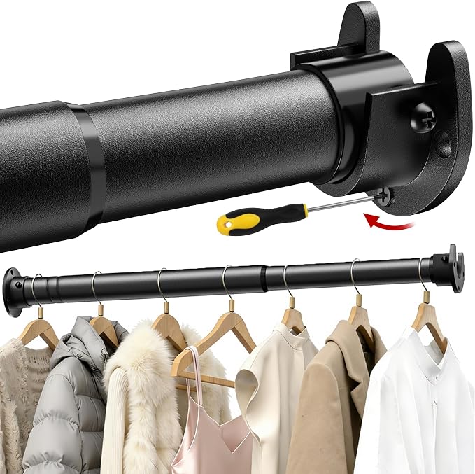 17 to 84 Inch Closet Rods for Hanging Clothes with Screwdriver, Stepless Adjustable Closet Rod Heavy Duty, 1.3 Inch Clothes Hanging Rod Metal Closets Pole Bar for Wardrobes Laundry Bathroom RV, Black