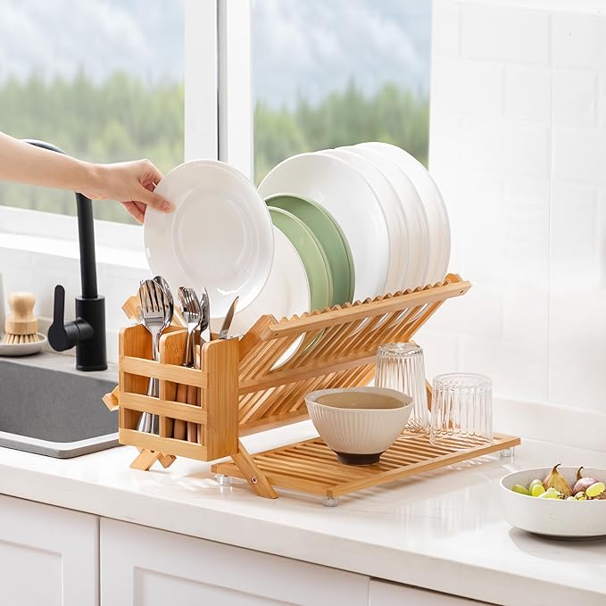 Bamboo Dish Drying Rack with Utensil Holder, 3 Tier Collapsible Dish Rack for Kitchen Counter, Large Folding Drying Holder, Dish Drainer, Kitchen Organizers and Storage