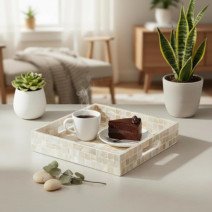 PEMAR 10" Mother of Pearl Catchall Tray for Coffee Table, Entryway, Nightstand. Square Serving Tray Wooden Luxury Decorative Handmade Eating Platters w Insert Handles (White Cream Squares Pattern)