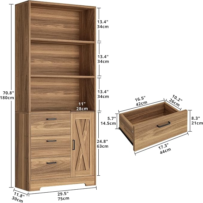IRONCK Bookshelf with Doors and 3 Drawers 71 in Tall Bookshelf with Storage, Industrial Book Shelf with 3-Tier Shelves for Living Room Entrance Hallway Home Office