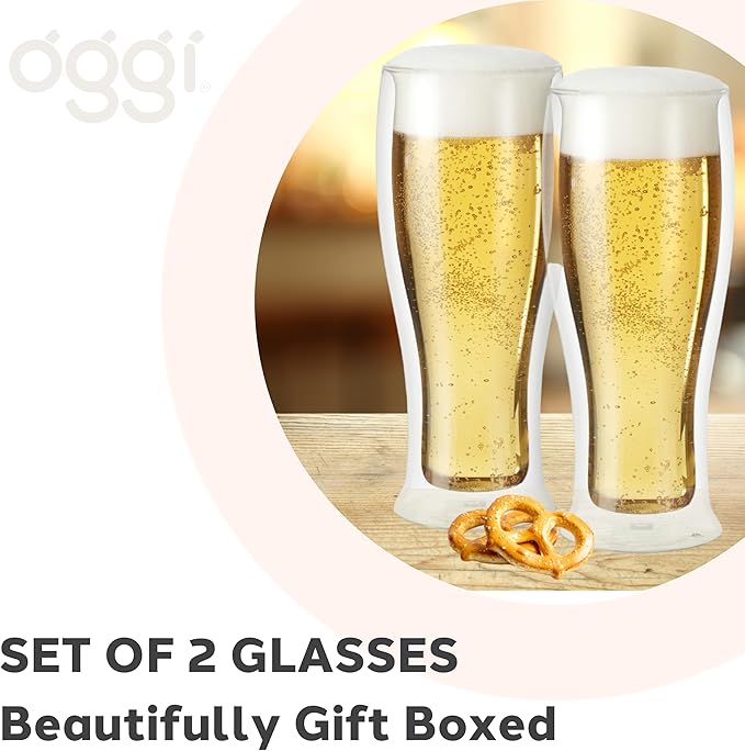 Oggi Beer Double Wall Insulated Glass Mug, Ideal for IPA ale lager stout pilsner, Beer Stays Cool Longer Even Outdoors, Visually Stunning, 14oz / 400ml, Set of 2