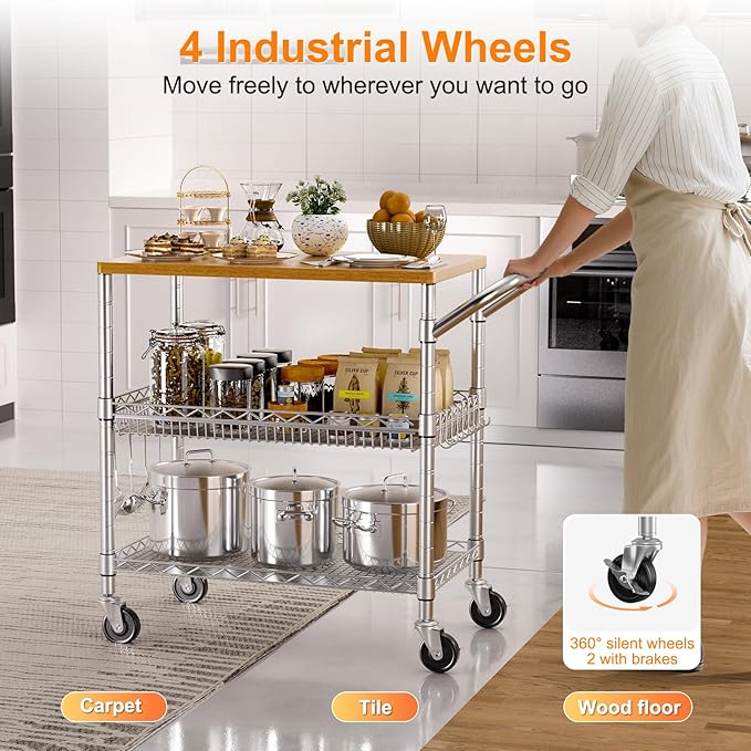 NTE Rolling Kitchen Carts on Wheels, 650Lbs Capacity 3 Tier Utility Cart with Wood Tabletop, Kitchen Storage Cart with 8 Hooks, Metal Serving Cart with Handle and Shelf Liners for Kitchen, Restaurant