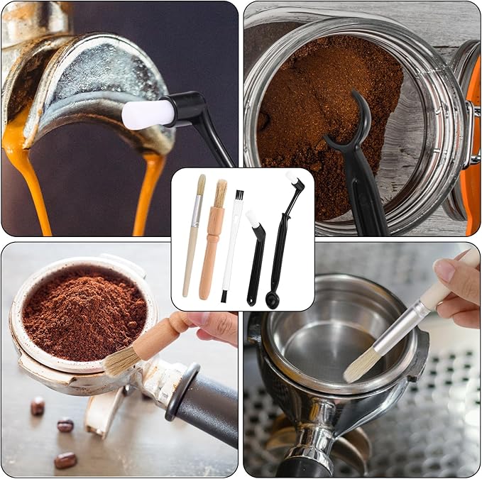 5pcs Coffee Machine Cleaning Brushes Set, Boar Bristle Espresso & Grinder Brushes Kit with Wooden Handle for Coffee Machine Accessories and Kitchen Cleaner