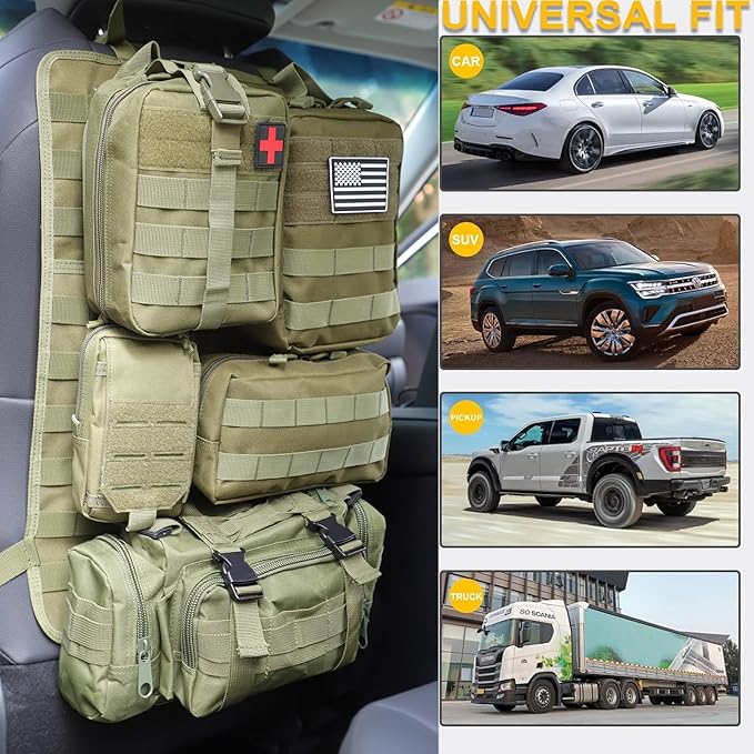 Tactical Car Seat Back Organizer Hanger Bag with 5 Detachable Molle Pouch Vehicle Molle Panel Organizer Storage Bag Universal for for most car models (Military Green)