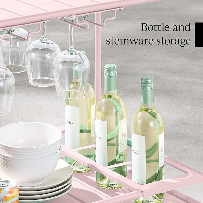 Best Choice Products Rolling Bar Cart, Mobile Home Bar Serving Cart, Serving Station w/ 2 Tier Shelves, Wine Rack, Lockable Wheels - Pink