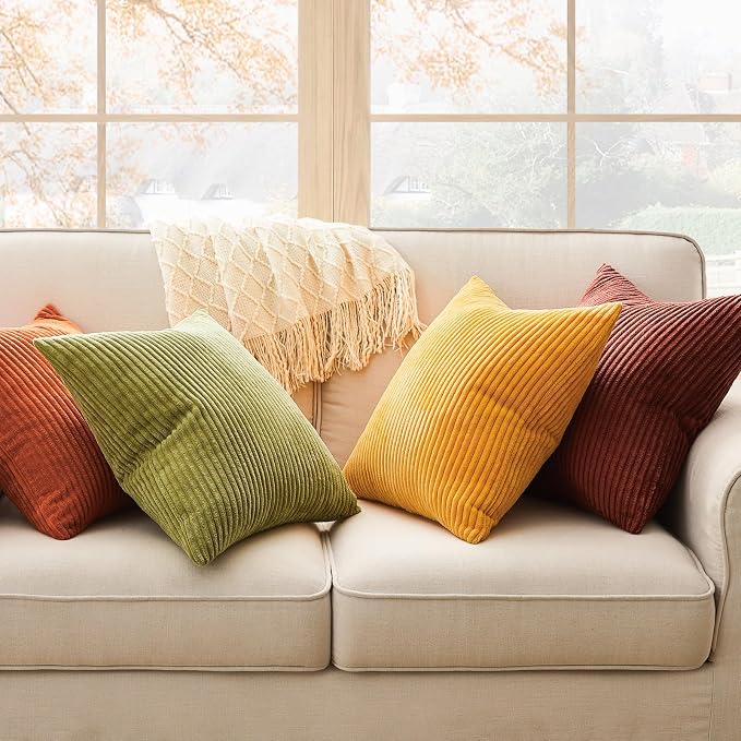 Topfinel Fall Burnt Orange Decorative Throw Pillows Covers 18x18 Inch Set of 4,Yellow Green Gradient Series Corduroy Striped Square Pillow Case,Western Modern Cushion Cover for Couch Sofa Bedroom