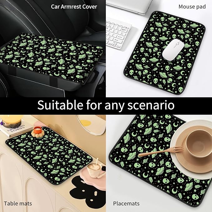 Car Center Console Cover, Universal Soft Large Neoprene Auto Armrest Seat Box Cover, Funny Car Decor Accessories Fit for Most Cars, Vehicles, SUVs Green Aliens Spaceships