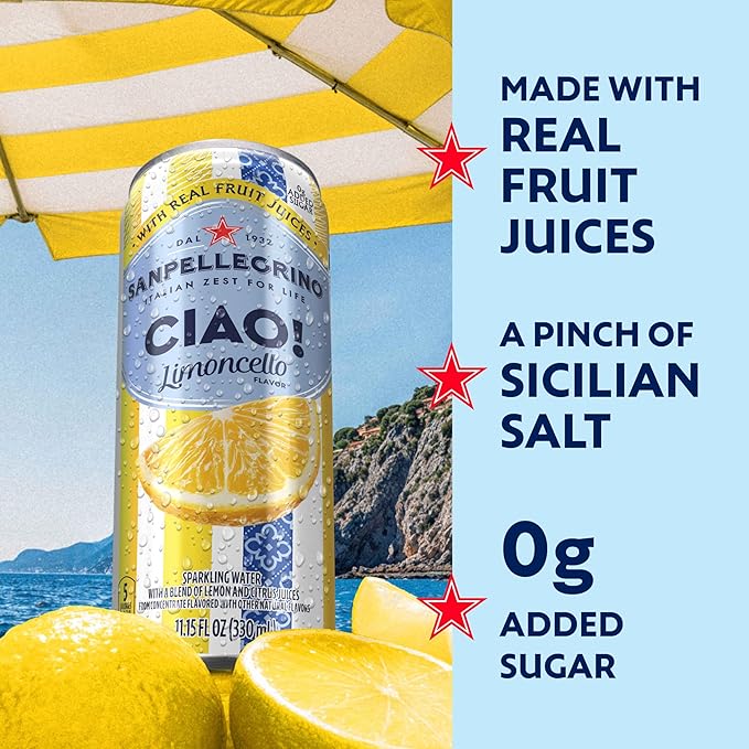 Sanpellegrino Ciao Limoncello Flavored Sparkling Water, Italian Sparkling Water, 24Pk