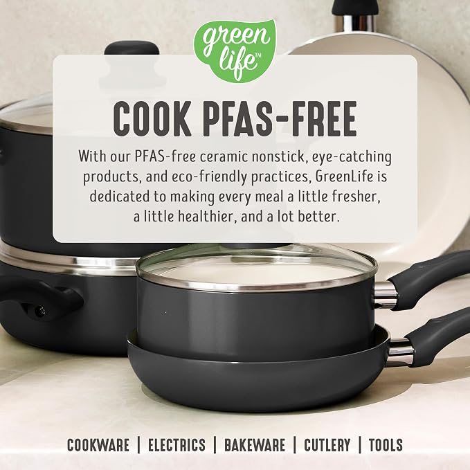 GreenLife 5 Quart Nonstick Stock Pot with Lid, Non-Toxic Ceramic Pot, Dishwasher Safe, Induction Ready, Fast Heating, Stay-Cool Handles, Kitchen Casserole, Soup, Pasta, Easy Clean, Graphite Black