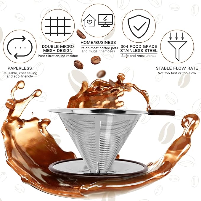Pour Over Coffee Dripper，Reusable Stainless Steel Drip Cone Coffee Filter, Update Double Ultra Fine Micro Mesh Filter, Professional Paperless Drip Brew Coffee Cone Maker with Cup Stand,1-2 Cup