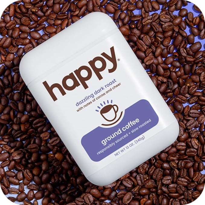 happy coffee dark roast ground coffee, 12 oz 2 pack., notes of cocoa & cheer, recyclable container, grown & harvested in Brazil, Rwanda & Colombia