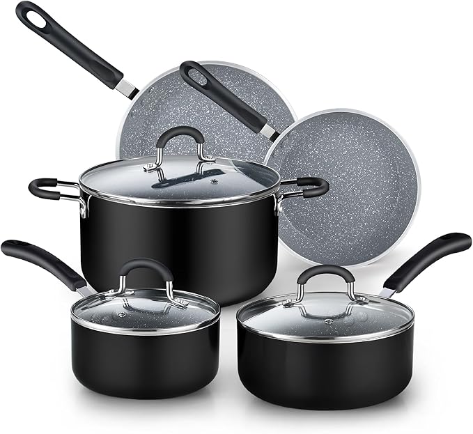 Cook N Home 8-Piece Nonstick Pot and Pan Set with Lid Induction Compatible | Cookware Set Includes Saucepan with Lid, Stockpot with Lid, Frying Pans, Black/Marble Cooking ware Non Stick