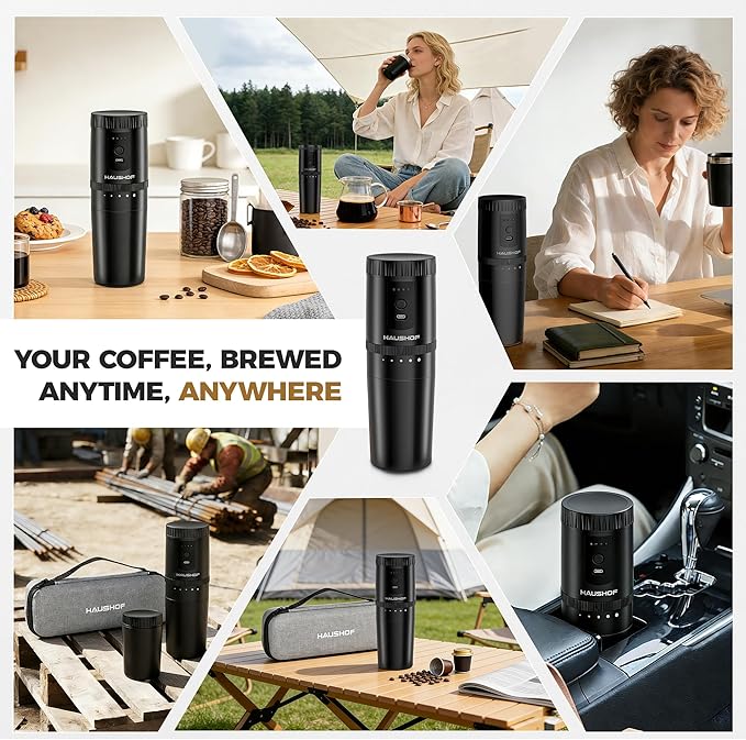 HAUSHOF Portable Coffee Maker, Camping Coffee Makers Travel Mini Coffee Maker, Portable Travel Coffee Maker with Grinder, Personal Cordless Travel Coffee Maker for Car, Camping, and Home