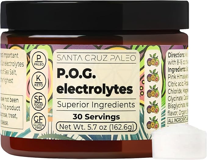 Santa Cruz Paleo Electrolyte Powder, P.O.G. Flavor (Passionfruit Orange Guava), Sugar Free Hydration Mix with Himalayan Pink & Sea Salt, Magnesium, Potassium, Stevia, 30 Servings