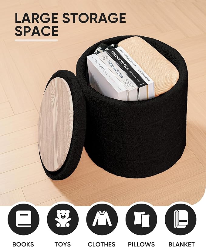 B FSOBEIIALEO Ottoman with Stroage, Round Sherpa Storage Ottoman Stool, Boucle Foot Rest 16.9"x16.9"x17.7"（Black