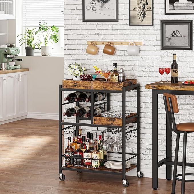 TUTOTAK Bar Cart, Home Bar Serving Cart, 3-Tier Kitchen Cart on Wheels, Rolling Beverage Cart with Wine Rack and Glass Holder, Brown BC01BB037