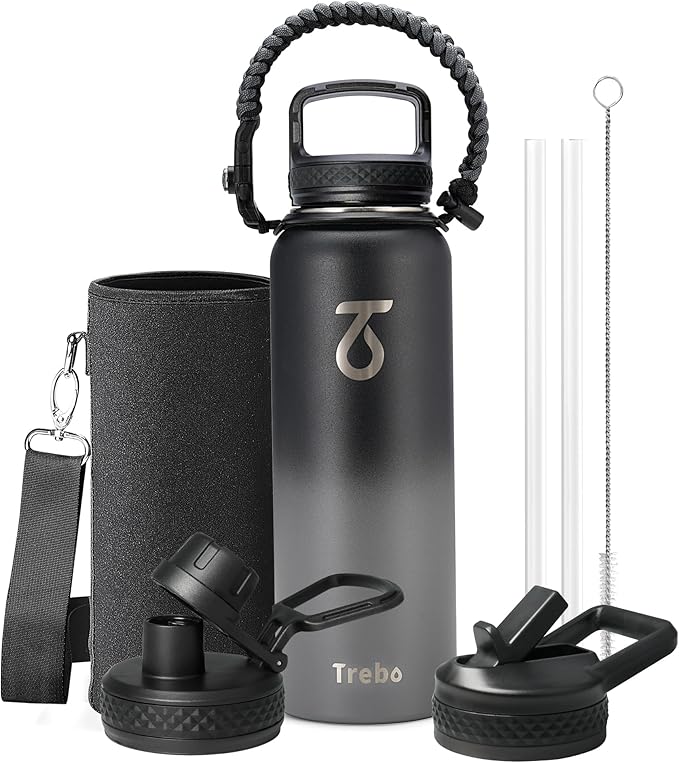 Trebo 40oz Water Bottle with 3 Lid and handle, Vacuum Insulated Stainless Steel Metal Outdoor Leakproof BPA-Free Flask, Keep Cold 48 Hours Water Jug, Best Gift for Men Women Holiday, Dark Gray