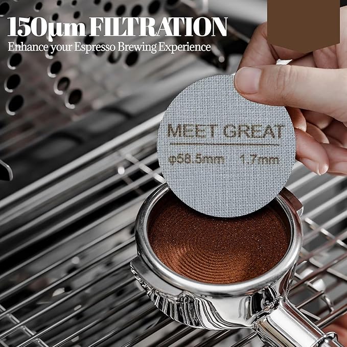 Meet Great- 2 Packs 58.5mm Espresso Puck Screen, 1.7mm Thickness 150μm 316L Stainless Steel, Upgraded Reusable Coffee Filter Screen for 58.5mm Breville Portafilter Filter Basket