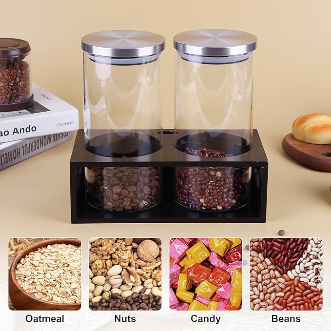 Airtight Coffee Bean Container Set - 2×50oz Glass Coffee Canisters with Scoop & Shelf, Clear Ground Coffee Storage Jars with Lids for Coffee Bar, Sugar, Tea, Nuts & Kitchen Countertop