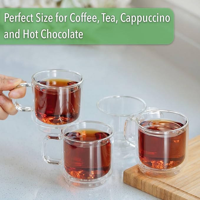 BTaT- Double Walled Stackable Glass Coffee Mugs, 8 oz, Set of 4, Glass Coffee Cups with Handle, Insulated Clear Coffee Mug for Hot and Cold Beverages, Cappuccino, Latte, Tea, Americano