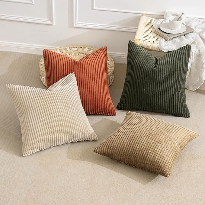 MIULEE Boho Farmhouse Throw Pillow Covers 20x20 Inch Set of 4 Western Modern Decorative Cushion Covers Soft Corduroy Home Decor for Couch Bed Sofa Living Room Rust-Olive Green Gradient Series